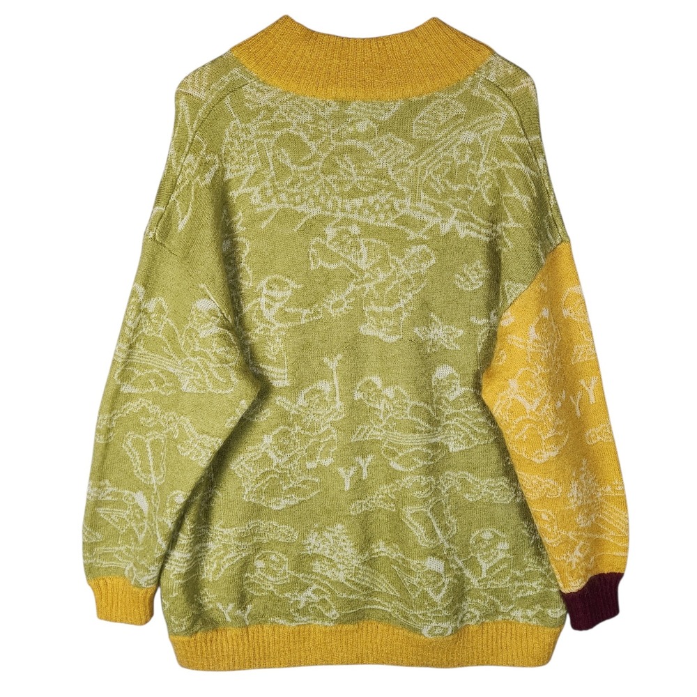 Yanyan Knits Sweater XS Green Yellow Colorblock Jaquard Motif Oversized Mohair - Picture 2 of 11